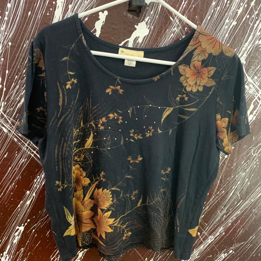 Impulse Womens Floral Graphic T-Shirt Black Orange Rhinestone Cotton USA PL